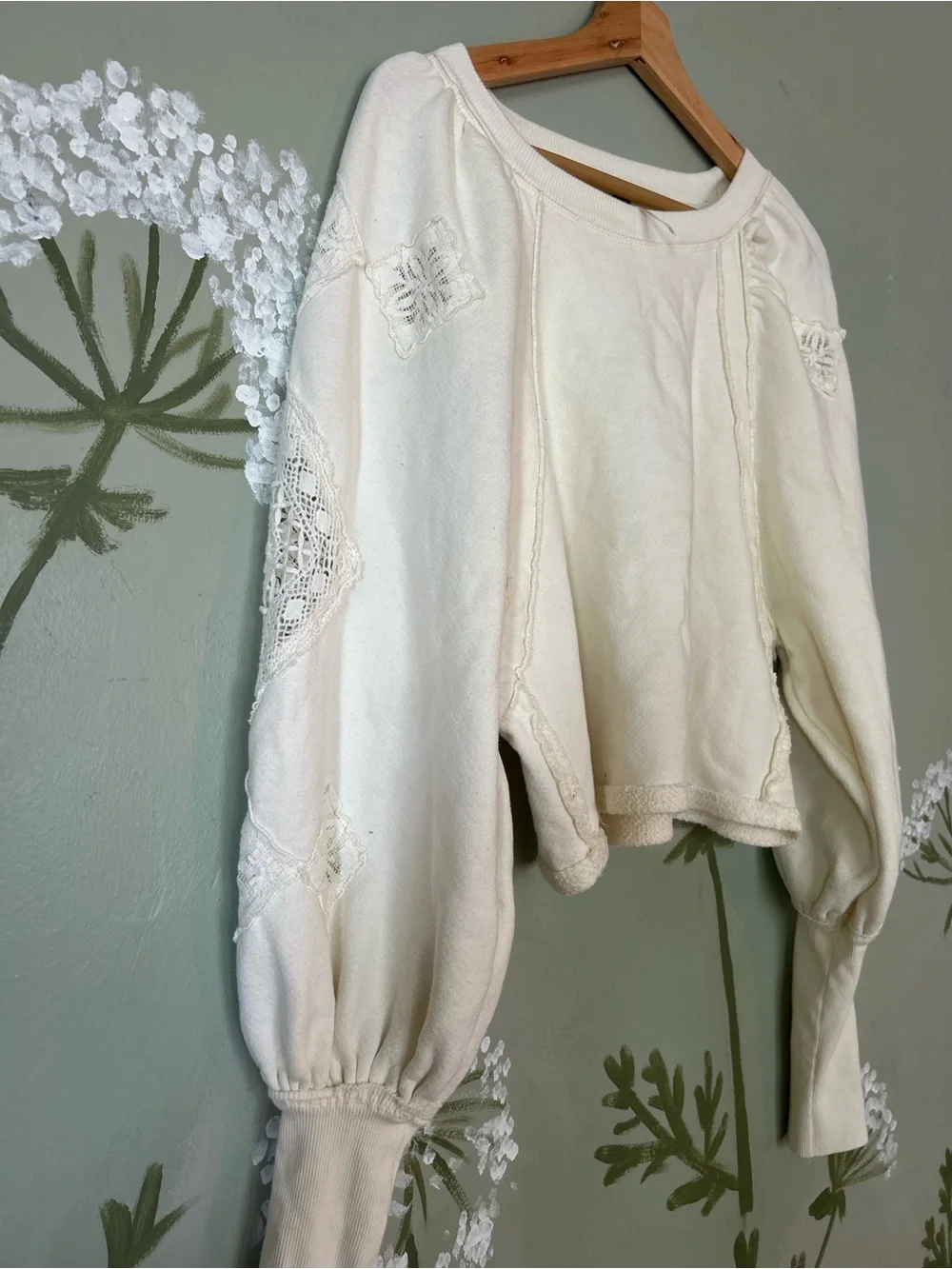 Free People Cream Long-Sleeve Lace-Inset Pullover Top